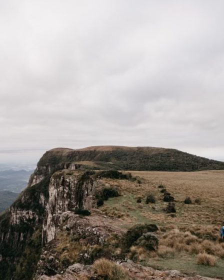 Dramatic vista of a mountain cliff with an overcast sky in Cambará do Sul, perfect for travel imagery.